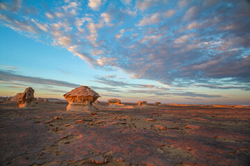 Sunrise in the Libyan desert, white desert, limestone formations in the front, Farafra, Egypt