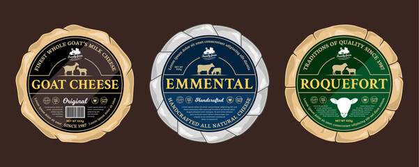 Vector cheese round labels and cheese wheels wrapped in paper. Cow, sheep, and goat silhouettes