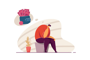 Depressed broke person having debts and money troubles. Bankrupt suffering from depression and financial problems. Vector illustration bankruptcy, crisis, loss concept