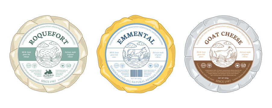 Vector cheese round labels and cheese wheels wrapped in paper. Cow, sheep, and goat illustrations