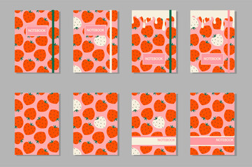 Vector templates for title pages. Bright and colorful cover layout with strawberries. Suitable for diaries, notebooks, books, catalogs.