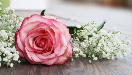 beautiful pink rose on wooden floor with blurred background