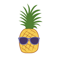 Cartoon pineapple fruit wearing purple sunglasses. Hand-drawn vector. Healthy food, fitness, diet. Fresh food, sunny days, summer time. For children's illustrations, prints on fabric, web banners.