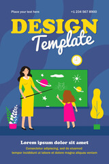 Schoolgirl drawing on chalk board in class. Teacher with pointer asking pupil at blackboard flat vector illustration. Lesson, school class concept for banner, website design or landing web page