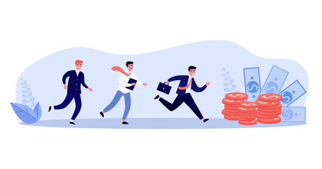 Businessmen racing with one another for money. Success, coin, finance flat vector illustration. Competition and wealth concept for banner, website design or landing web page