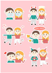 Vector illustration of stickers with a love couple. The history of stickers about lovers. A couple eats pizza, dances, celebrates a birthday, observes a mask regime, kisses. Funny stickers with people