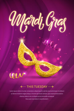 Mardi Gras Lettering Brochure. Fat Tuesday Poster With Handwritten Typography And Golden Mask. Vector Logo With Shining Beads On Traditional Colors Background