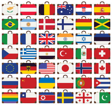 Suitcases icons set in flat style. Old suitcases with flags of various countries. Vector illustration of travel suitcases in the colors of the flags of different countries from around the world