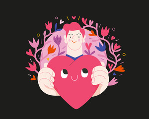 Man giving a heart - Valentines day graphics. Modern flat vector concept illustration - a young man surrounded by plants, holding the big heart. Hearts and softs. Cute characters in love concept