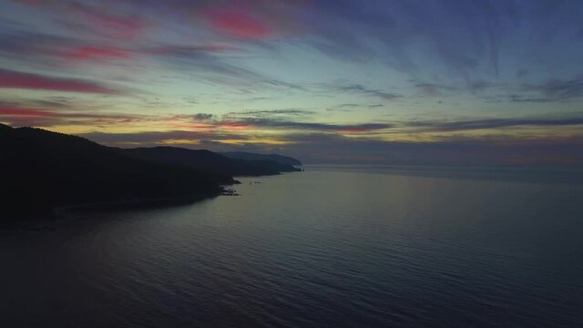 View from a drone on the coast of Triozerie Bay at sunrise