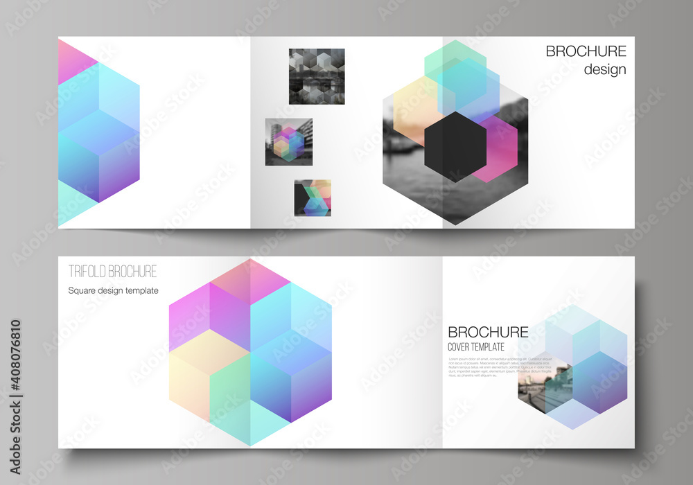 Poster vector layout of square format covers design templates with colorful hexagons, geometric shapes, tec