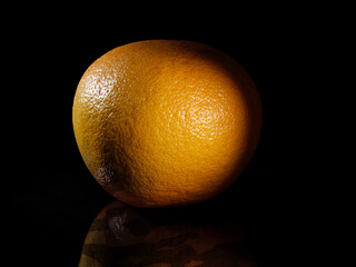 Unpeeled grapefruit close-up on a black background.