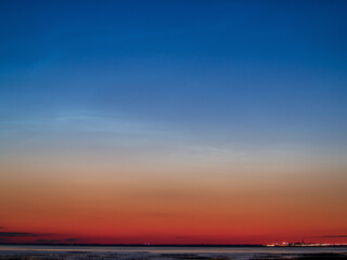 Sunset river horizon sky clouds. River sunset landscape. Sunset river view. Sunset river panorama