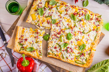 Flammkuchen Pizza Slices / Traditional Tarte Flambee with Creme Fraiche, Cream Cheese, Bacon and...