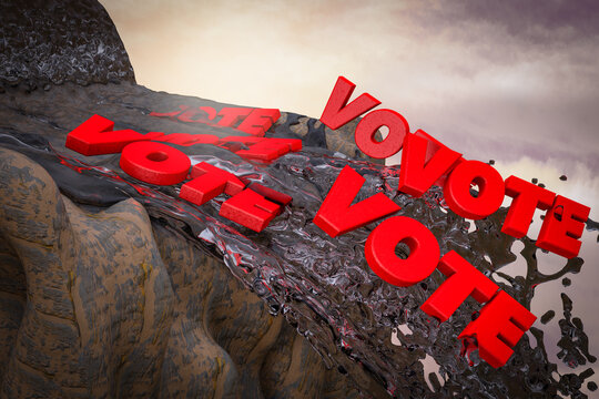 Vote letter falling from a waterfall demonstrating protesting elections or angry voter or concept. 3D illustration