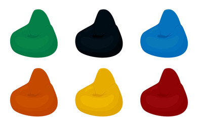 Bean bag chair set isolated on white. Flexible soft seat in different colors. Cartoon vector illustration of comfortable modern furniture.