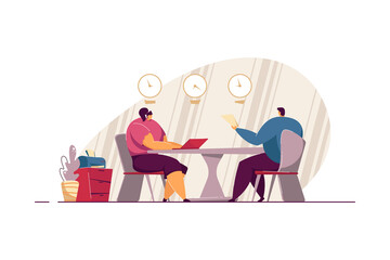 Job interview meeting. Employee candidate with CV and HR manager talking in office. Vector illustration for hiring, corporate conversation, career concept