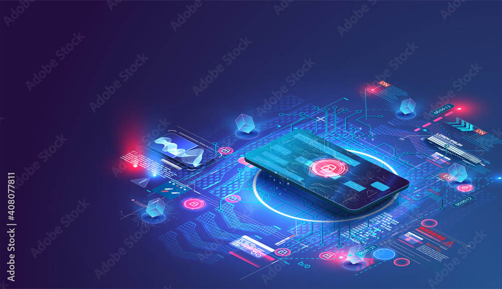 Aufkleber The credit card is isometric. The concept of the protective functions of the map. Can use for web banner. Secure payment, payment protection concepts. Credit card with lock. Vector illustration