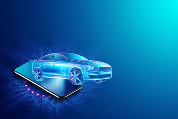 Fototapeta na wymiar Mobile GPS navigation, hologram image of a car leaving the smartphone screen. 3D rendering, 3D illustration.