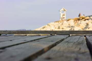 wooden board empty table in front of blurred background