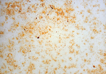 White colored rusty metal surface full of stains as background.