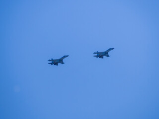 Russia, St. Petersburg - June 24, 2020: Russian military SU-35 plane of the Russian Air Force in flight at the Victory Parade in World War II.