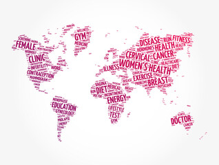 Women's Health word cloud in shape of world map, medical concept background