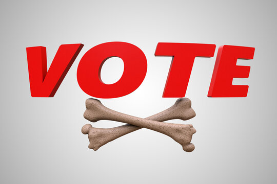 Letter vote with bones demonstrating protesting elections or angry voter or concept. 3D illustration