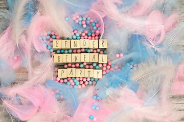 Gender reveal party written with wooden cubes surrounded with colorful bright pastel feathers for...