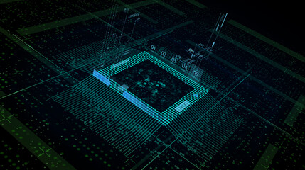 CPU Chip on Motherboard - abstract 3D render of a computer processor chip on a circuit board with microchips and other computer parts