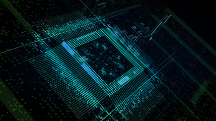 CPU Chip on Motherboard - abstract 3D render of a computer processor chip on a circuit board with microchips and other computer parts