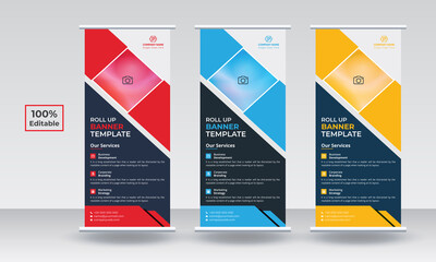 Roll up banner set design template design. Roll up banner design, roll up banner red, roll up banner blue, roll up banner yellow, rollup banner. Corporate roll up banner. Modern roll up banner.
