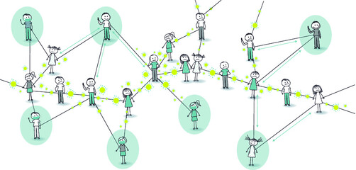 Illustration of many people who are partially infected with Corona, Covid-19 and some people with masks and children who are not infected and are healthy