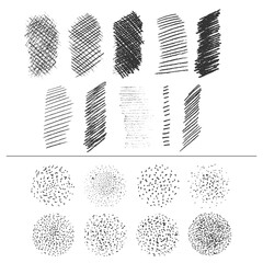 Hand drawn crosshatching, hatching and dotty scatter brush templates. Vector graphic design elements.
