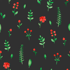 Floral seamless pattern with red flowers on a black background. 
