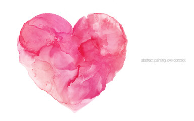 Heart shape fluid painting by pink red watercolor and alcohol ink isolated on white background in concept of love, valentine, wedding.