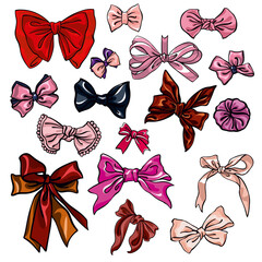 Set of various romantic ribbon bow knots. Collection of vector stock illustrations for custom design adn print, decoration, stickers.