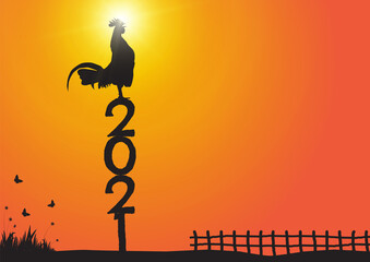 Silhouette of chicken crowing on number 2021 on sunrise background, new year celebration concept vector illustration