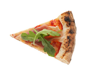 Slice of tasty pizza with meat and arugula isolated on white, top view