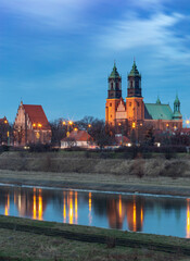 Fototapeta premium Poznan. Cathedral on Tumskiy Island at night.