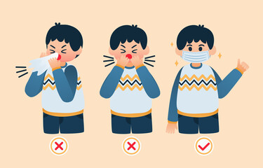 Obraz premium Man Characters Cough and Sneeze Without Face Mask is Wrong, Man Wear Face Mask is Correct in Pandemic of Coronavirus