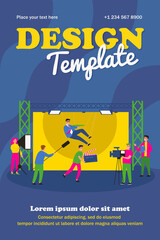 Obraz premium Crew filming new motion movie isolated flat vector illustration. Cartoon shooting stunt performer falling from building roof. Cinema, entertainment and casting concept