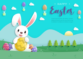 Obraz na płótnie Canvas Happy easter day in paper art style with rabbit and easter eggs. greeting card, posters and wallpaper. Vector illustration.
