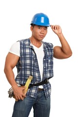 Portrait of young asian construction worker looking at camera, smiling, isolated on white.