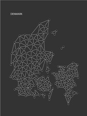 Denmark Map Point scales on black background. Wire frame polygonal network white line, dot and shadow dot.