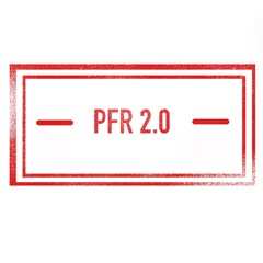 Czerwony tekst PFR 2.0 jako pieczątka na białym tle. Nazwa instytucji finansowej wspierającej przedsiębiorców w czasie covid 19 - 408085434