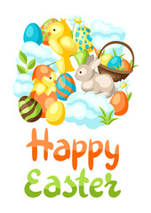 Obraz na płótnie Canvas Happy Easter greeting card with holiday items.