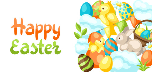 Fototapeta premium Happy Easter greeting card with holiday items.