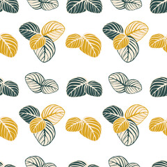 Seamless pattern of yellow and green leaves on a white background. Autumn template for printing on textiles, fabric, bedding, wrapping paper, covers, wallpaper. 