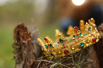 Beautiful golden crown on stump outdoors, closeup. Fantasy item